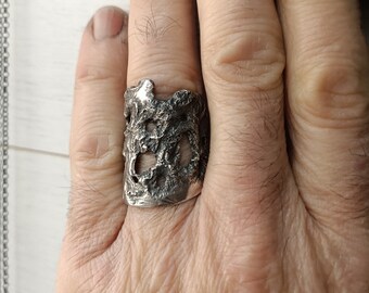 Ring size 9 3/4 - moon-lune- texture-for man and woman-science fiction-chic, vintage, planet-small recycled old spoon-silver plated