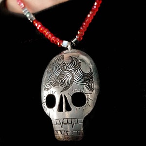 SKULL necklace- gotic style -spoon jewelry-vintage spoon upcycled-carved metal-silver plated-red beads-unique piece for women and men