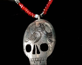 SKULL necklace- gotic style -spoon jewelry-vintage spoon upcycled-carved metal-silver plated-red beads-unique piece for women and men