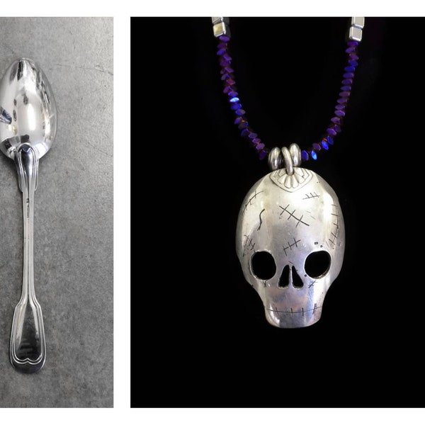 Collier CRÂNE-tête de mort gothique-petite cuillère ancienne recyclée-gravée-argentée-perles d'hématites violettes et argent