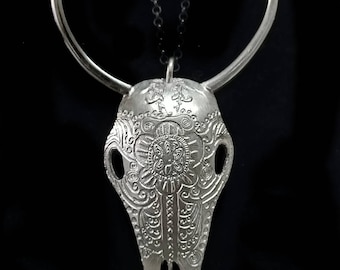 Boho Navajo Style Skull Cow Necklace - Upcycled Vintage Spoon & Fork Jewelry Gift for men and women , men necklace ,women necklace