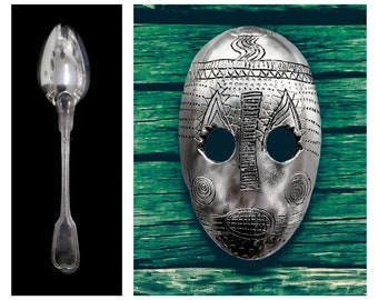 Unique African Mask Brooch, ethnic ,boho style Upcycled Spoon and Fork Jewelry in Silver - Hand carved Chic Accessory for All,gift