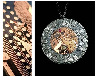 CYBER PUNK necklace - upcycled computer circuit board - copper color - old print 19th century - silver patina - woman and man jewel