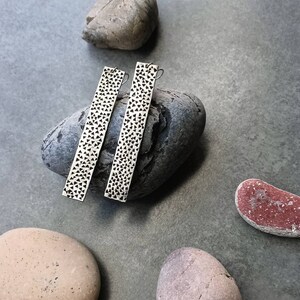 Può includere: Un paio di orecchini d'argento con un design testurizzato e geometrico. Gli orecchini sono lunghi e rettangolari e sono appesi a un paio di ganci d'argento.