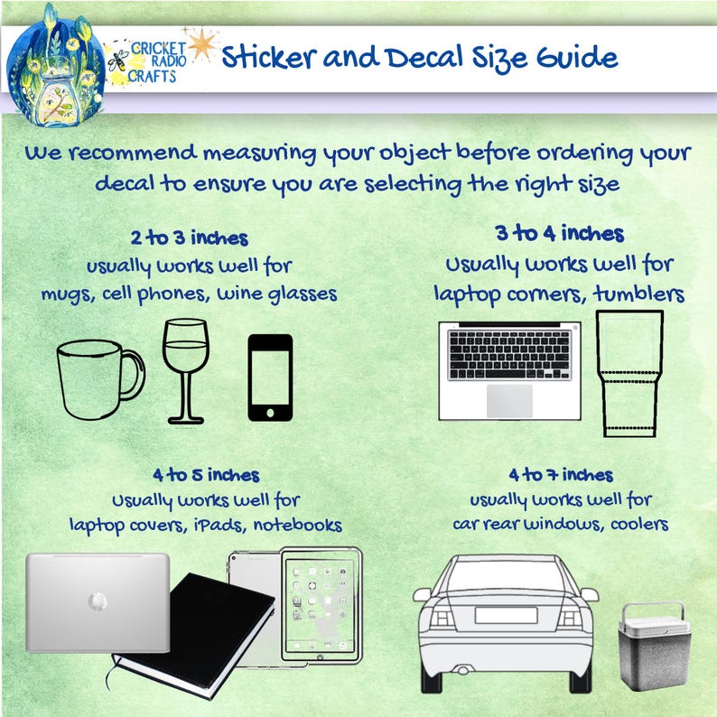 May include: A guide to sticker and decal sizes, with illustrations of different objects and the recommended size for each. The sizes range from 2 to 3 inches, 3 to 4 inches, 4 to 5 inches, and 4 to 7 inches.