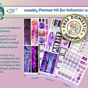 May include: Three sheets of translucent stickers for a weekly planner. The stickers feature a purple and blue color scheme with a starry night theme. The stickers are sized to fit a Hobonichi Weeks planner. The text "FREE DOMESTIC SHIPPING" is visible in the top right corner of the image.