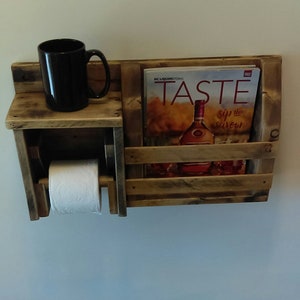 Toilet roll holder with shelf, rustic distressed, magazine rack, farmhouse decor, toilet roll, chalet, cottage, cabin, wall mount