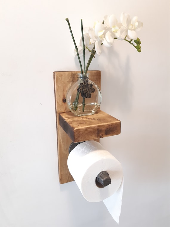 Toilet Paper Holder With Shelf, Rustic Distressed, Farmhouse