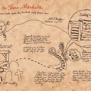 May include: A hand-drawn map with a compass, a cemetery, a tunnel, and a car. The map is titled "Map to Time Machine" and includes details about the location of a time machine. The map is drawn on a brown paper background.