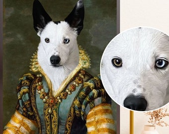 May include: A framed painting of a dog dressed in a blue and gold royal outfit. The dog has black and white fur and is wearing a pearl necklace. The painting has a dark wood frame. The text "READY JUST IN 6 HOURS" is above the painting. The text "IF NOT SATISFIED MONEY BACK" is above the painting.