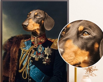 Lienzo de pintura de retrato de mascota personalizado, retrato de perro renacentista de foto, pintura de retrato de rey mascota real Arte digital, diseño de arte de retrato