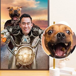 Personalized Motorbike Portrait, Custom Human & Dog Portrait, Portrait Funny Gifts, Portrait from Photo, Gift Portrait, Digital Download