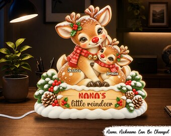 Grandma's Little Reindeers - Personalized Light Box, Custom Grandkids Names Christmas Night Light, Cute Reindeer Family Decor, Grandma Gift