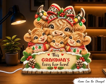 This Grandma Loves Her Herd Personalized Light Box, Custom Grandma's Herd LED Night Light with Grandkids Names, Highland Cow Grandma Gift