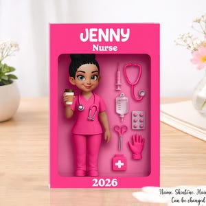 May include: A pink box set featuring a nurse doll with a coffee cup, stethoscope, and medical tools. The box reads "JENNY Nurse" and "2026". Additional text at the bottom says "Name. Skintone. Hairstyle Can be changed".