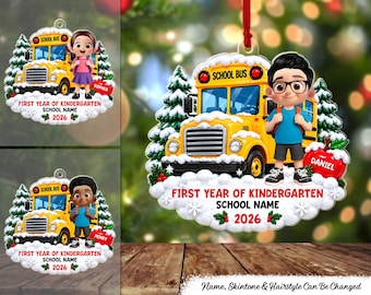 First Year Of Kindergarten School Bus Personalized Acrylic Ornament, Custom School Bus Christmas Ornament with Name,Graduation Gift for Kids