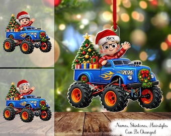 Little Kid With Monster Truck Personalized Acrylic Ornament, Custom Name Christmas Ornament 2026, Boy in Monster Truck Gift, Kids Decoration