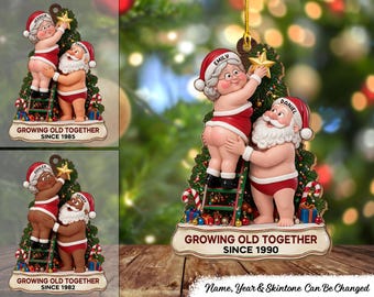 Growing Old Together Personalized Wood Ornament, Couple Christmas Wood Ornament, Custom Names Funny Santa Couple Keepsake Gift
