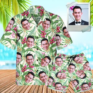 Custom Face Hawaiian Shirt,Personalized Photo Flower Print Tshirts,Customize Short Sleeve Shirts,Gifts for Bachelor Party, Hawaiian Set Gift