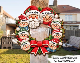 Custom Grandkids Wreath Personalized Wood Sign, Custom Snowman Family Wreath, Grandkids Name Decor, Christmas Gift for Grandparents
