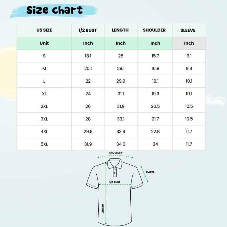 May include: Size chart for a shirt with measurements in inches for half bust, length, shoulder, and sleeve. The chart shows sizes from S to 5XL.