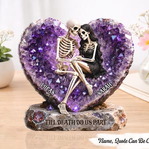 Till Death Do Us Part Skeleton Couple Quartz Heart - Personalized Acrylic Block Plaque - Halloween Decor Gift, Gift For Couple, Gothic Gift