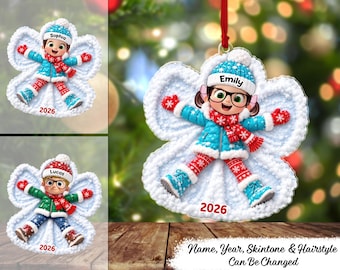 Snow Angel Cute Boy Girl Making Snow2D Flat - Personalized Acrylic Ornament, Custom Kids Christmas Ornament, Snow Angel Child Gift