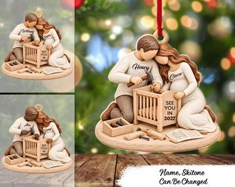 Expecting Couple Building Crib Personalized Acrylic Ornament, Expecting Baby Christmas Ornament, Mom and Dad Building Crib, See You in Gift