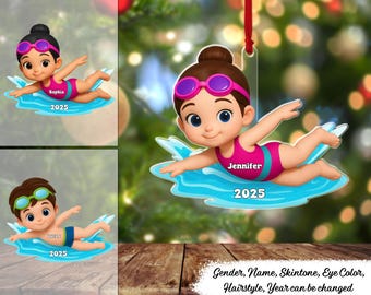 Swimming Boy Girl 3D Effect Personalized Acrylic Ornament, Swimmer Kids Christmas Ornament 2025, Swim Lover Holiday Gift, Pool Sport Xmas