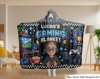 Custom Name Gaming Gifts Personalized Hooded Blanket,Custom Name Gaming Blanket for Boys Girls,Video Game Lover Gift,Kids Gaming Room Decor