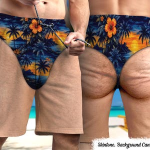 May include: Swim trunks featuring a tropical sunset scene with palm trees and orange hibiscus flowers on a dark blue background. The trunks have a drawstring waist and a solid tan-colored lower section. The text Skintone, Background Can be changed.