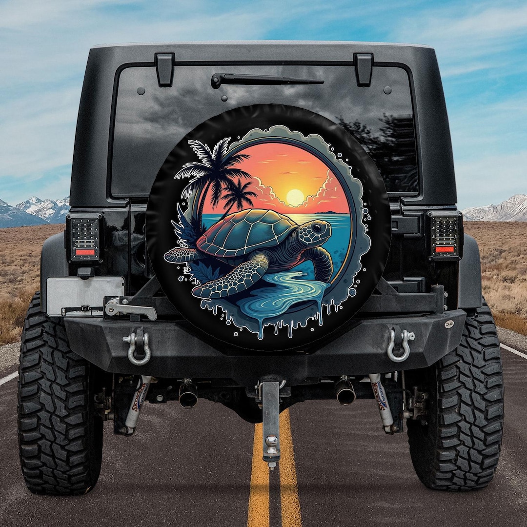 Turtle Shell Pattern Truck Sea Turtle Cover Sunset Spare Tire Cover, Ocean Sunset Beach Turtle off ...