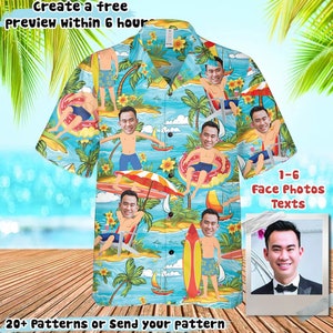 Personalized Photo Hawaiian Cartoon Shirt Custom Dog Cat Face Tropical Pattern Shirt for Men Women Birthday Bachelor Party Gift Summer Gift