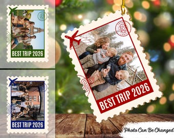 Postage Stamp Memories Family Photo Personalized Wooden Ornament, Custom Photo Travel Christmas Ornament, Family Vacation Keepsake