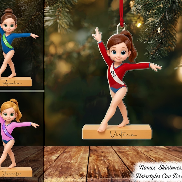 3D-Effekt Gymnastik Mädchen Personalisierte Acryl Verzierung, Mädchen Gymnastik Weihnachtsdekor, Schwebebalken Geschenk für Töchter, Kinder oder Sportler