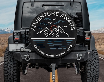 Adventure Awaits Spare Tire Cover, Explore More Worry Less Tire Cover, Minimal Mountain SUV Accessory, Outdoor Camping Gift
