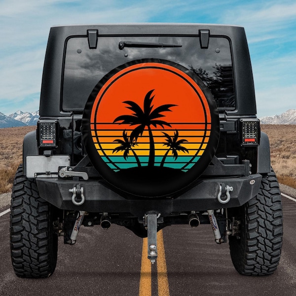 Retro Sunset Palm Vintage Spare Tire Cover, Tropical Beach Tire Cover, Vintage Summer Palm Spare Tire Cover, SUV Car Accessory Gift