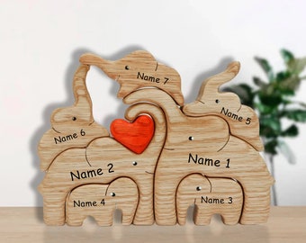 Casse-tête de famille éléphant en bois, figurine d'animal pour 7 personnes, décoration d'intérieur familiale, cadeau souvenir de famille, cadeau pour les parents, cadeau de fête des mères