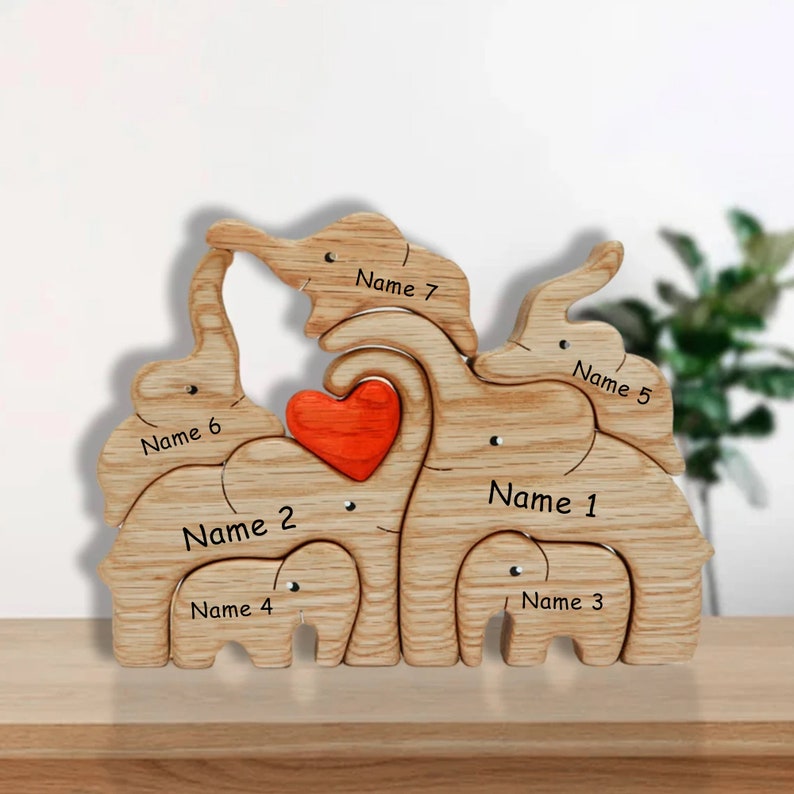 Wooden Elephant Family Puzzle, 7 Person Animal Figurine, Family Home Decor, Family Keepsake Gift, Gift for Parents, Mother's Day gift 画像 1