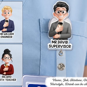 May include: A custom badge reel featuring a cartoon character in a grey suit holding a coffee cup, with the text MR. DAVID SUPERVISOR. Additional examples show MR. WILLIAM ENGINEER and MS. AMY MATH TEACHER. Text notes customisation options.