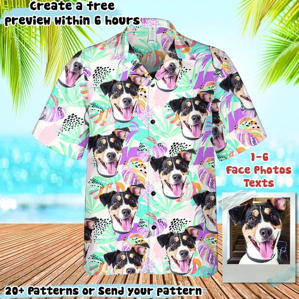 Gepersonaliseerde foto Hawaiian shirt aangepaste hond kat gezicht vakantie tropische patroon shirt voor mannen vrouwen verjaardag vrijgezellenfeest cadeau zomer cadeau