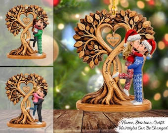Couple Heart Tree Personalized  Wooden Ornament, Custom Couple Kissing Christmas Ornament with Names, Tree of Life Love Gift, Anniversary