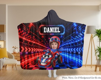 Personalized Custom Photo Photo & Name Race Car Driver With Lightning Wearable Hooded Blanket, Custom Photo and Name Race Car Blanket