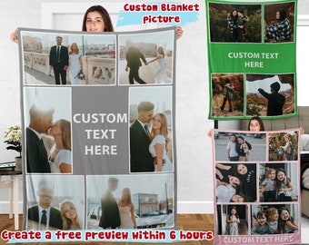 May include: A personalised blanket featuring a collage of photographs. The blanket has a grey background with a white border. The photos are of a couple, a family, and a group of friends. The text "CUSTOM TEXT HERE" is printed on the blanket.