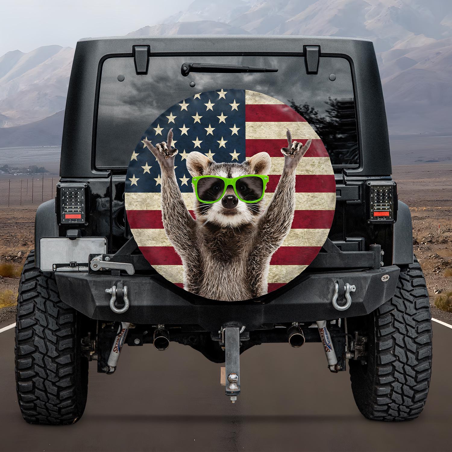 おもしろくてかわいいアライグマのアメリカ国旗スペアタイヤカバー