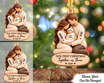 Family Of Three Christmas - Personalized Wood Ornament, New Parents Baby Keepsake, Custom Family of 3 Christmas Gift 2026, First Ornament