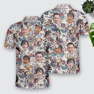 May include: A white short-sleeved button-down shirt with a colorful floral pattern. The pattern includes images of people and dogs.