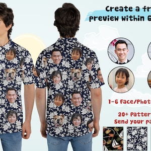 May include: A blue and white patterned shirt with a floral design. The shirt features multiple faces and a dog. The text "Create a free preview within 6 hours" is at the top of the image. The text "1-6 Face/Photos/Texts" and "20+ Patterns or Send your pattern" is at the bottom of the image. Three different patterns are shown below the text.