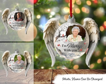 Enfeite de acrílico personalizado com foto "Estarei sempre com você", enfeite memorial com asas de anjo, presente personalizado de lembrança e condolências pela perda de mãe e pai.
