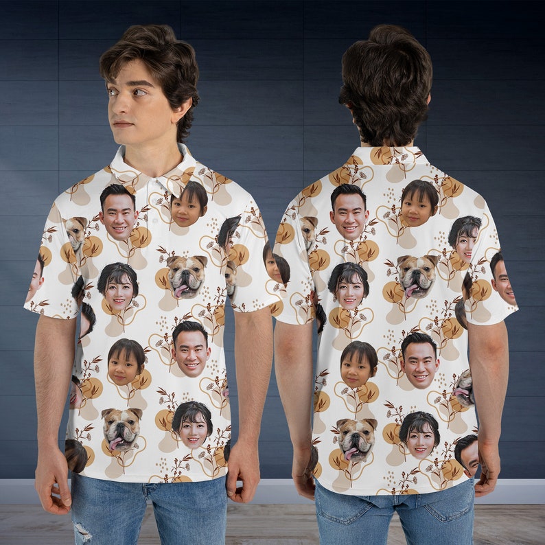 May include: A white short-sleeved polo shirt with a pattern of faces and a bulldog. The faces are of different people, and the bulldog is repeated throughout the pattern.
